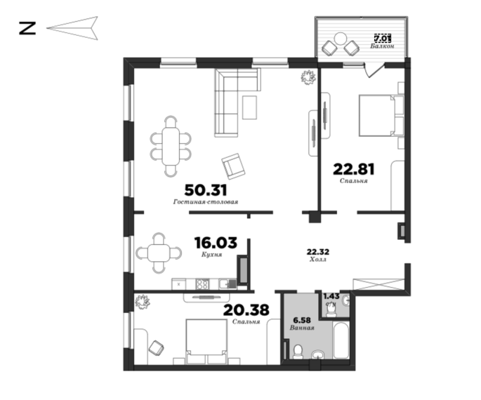 NEVA HAUS, Корпус 1, 3 спальни, 143.37 м² | планировка элитных квартир Санкт-Петербурга | М16